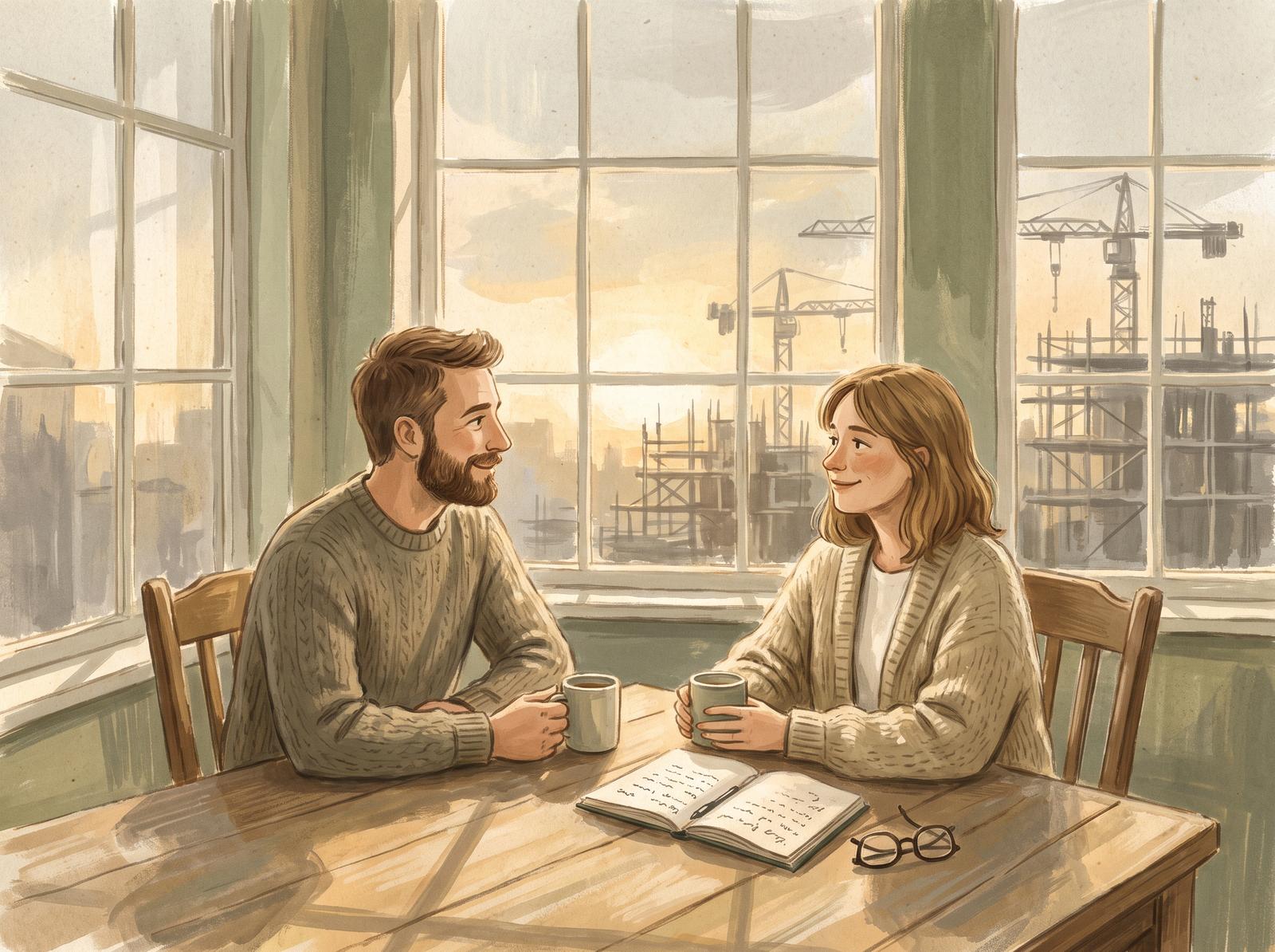 Illustration of a man and woman sitting together at a wood table by a window at sunrise, mugs and an open journal on the table, a construction site visible outside