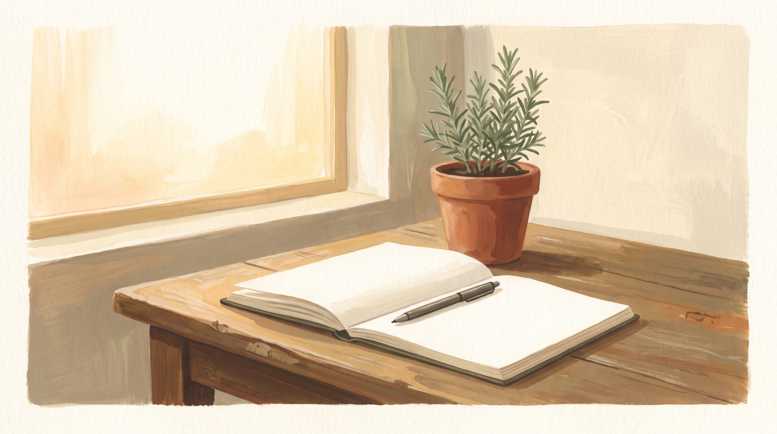 Illustration of an open notebook and pen beside a potted rosemary plant on a wooden desk in warm morning light