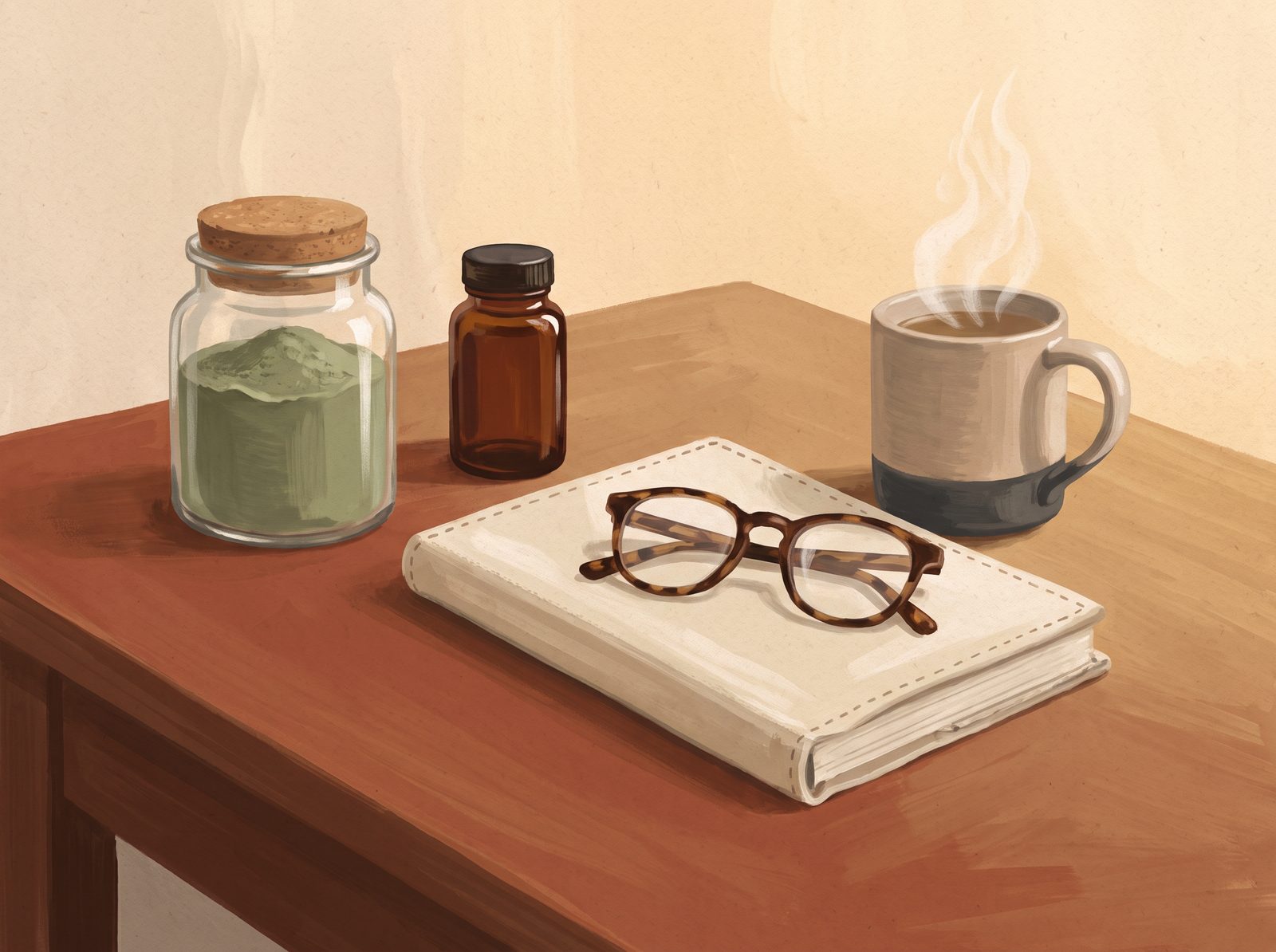 Flat-lay illustration of a daily wellness routine: a jar of greens powder, a supplement bottle, a notebook, glasses, and a steaming mug