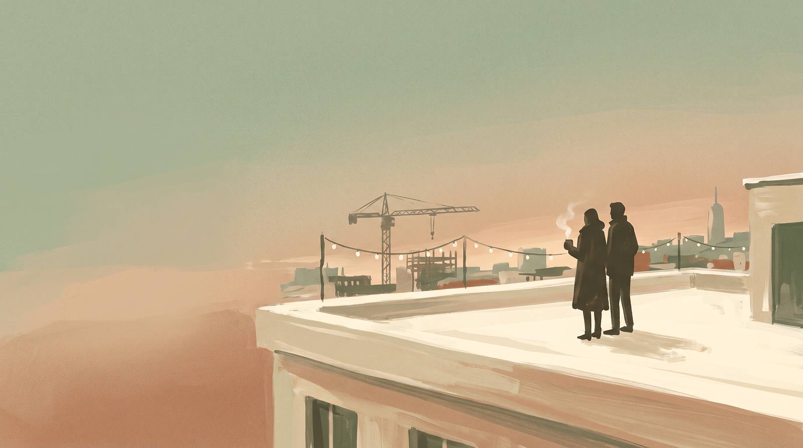 Illustration of a man and woman standing together on a rooftop at dawn, one holding a mug, a construction crane visible in the distant skyline