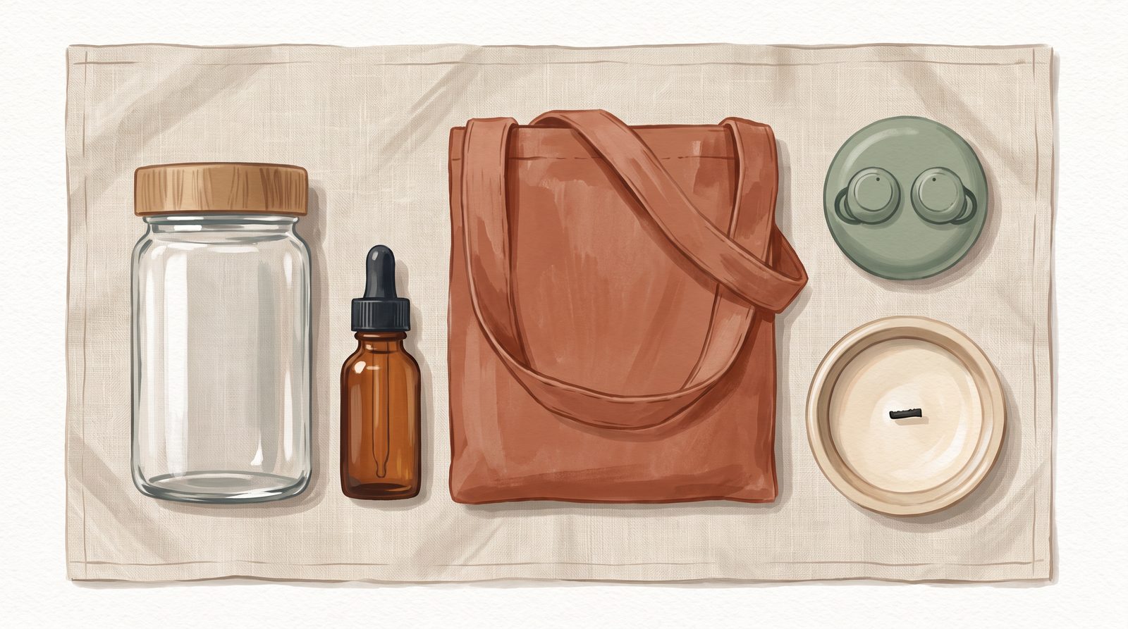 Flat-lay illustration of curated wellness products on linen: a glass jar, dropper bottle, tote bag, and small containers
